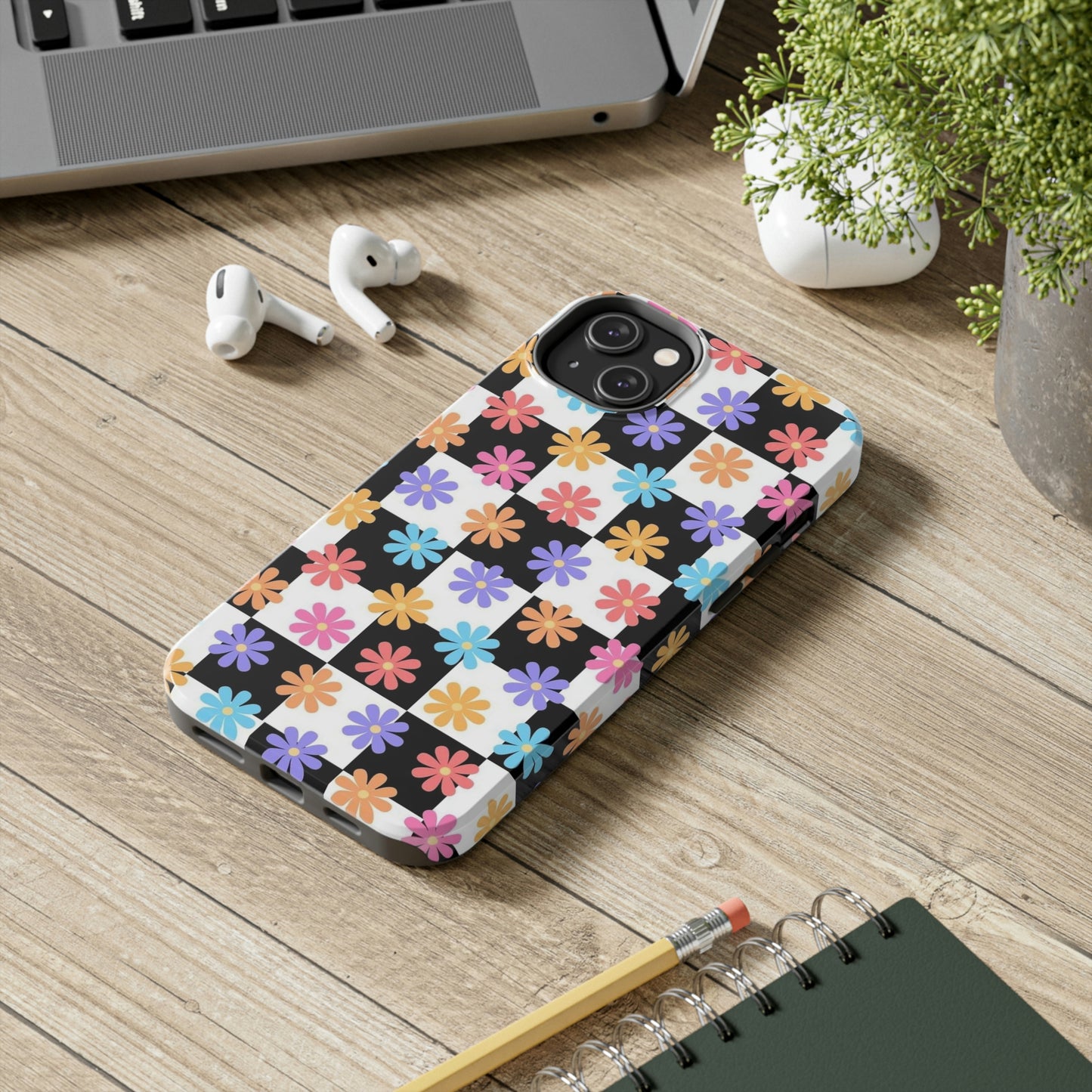 Checkered flower phone case/ for iPhone/ Floral collection /Tough Phone Cases, Case-Mate