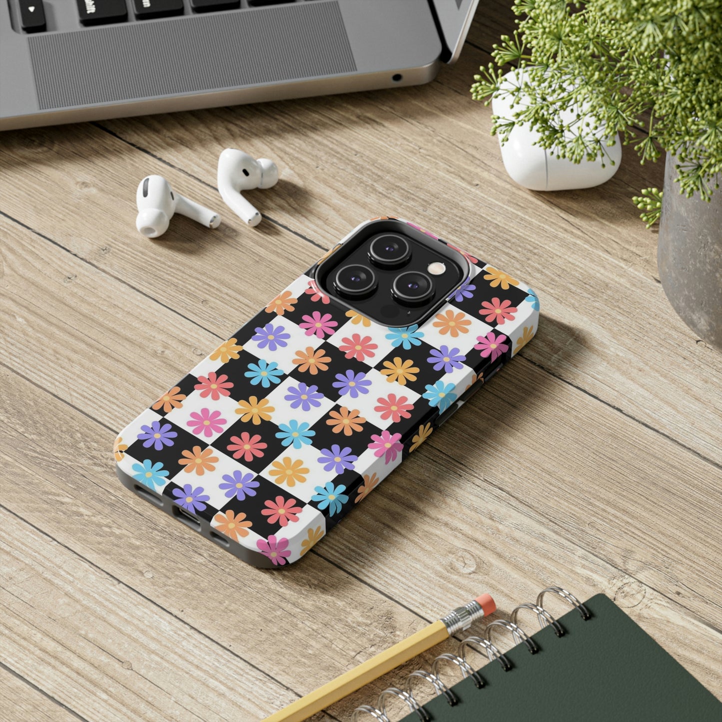 Checkered flower phone case/ for iPhone/ Floral collection /Tough Phone Cases, Case-Mate