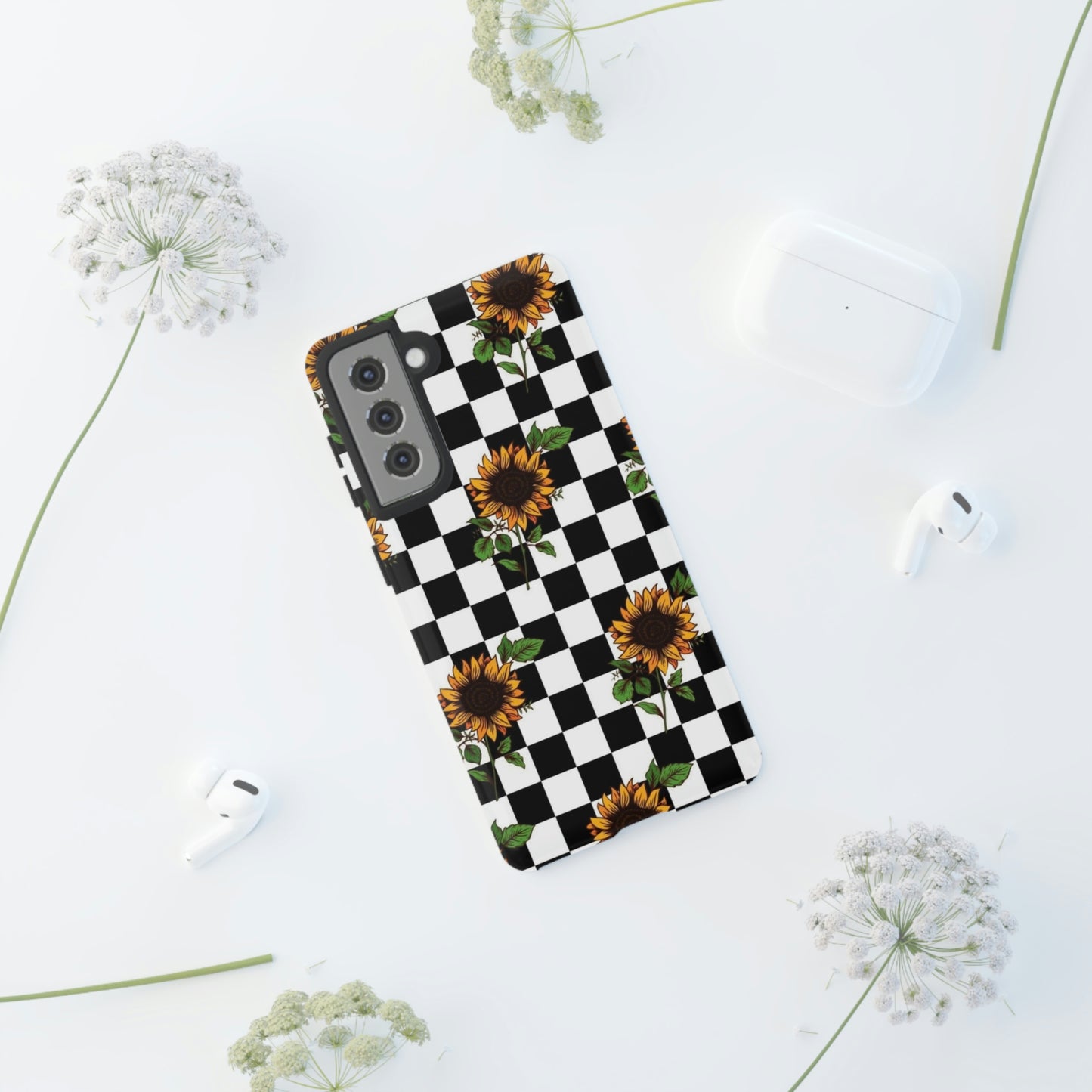 Checkered sunflower phone case/ for Samsung & Google phones/ floral collection/Tough Cases