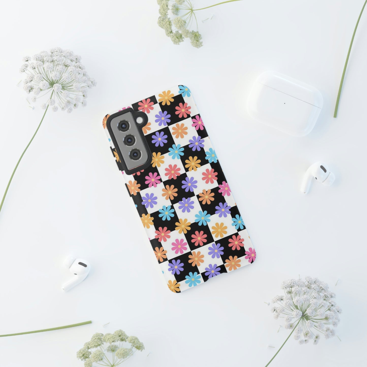 Checkered flower phone case/ for Samsung & Google Phones/ Floral collection/ Tough Phone Cases