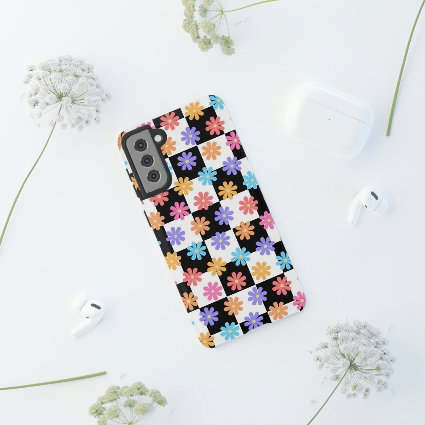 Checkered flower phone case/ for Samsung & Google Phones/ Floral collection/ Tough Phone Cases