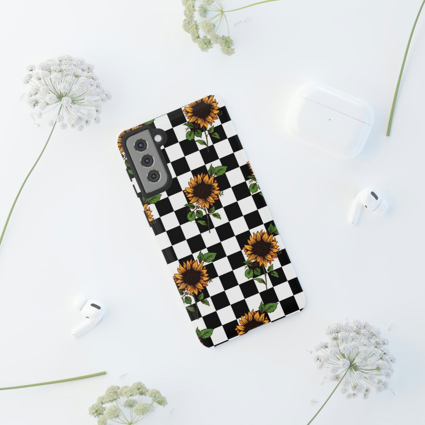 Checkered sunflower phone case/ for Samsung & Google phones/ floral collection/Tough Cases